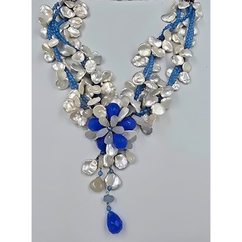 White Keshi Pearl & Blue Gemstone Necklace Multistrand Flower Glass Silver Clasp